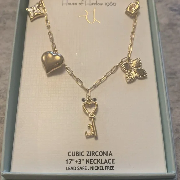 House of Harlow Gold Charm Cubic Zirconia Necklace Key 17” - Picture 3 of 4